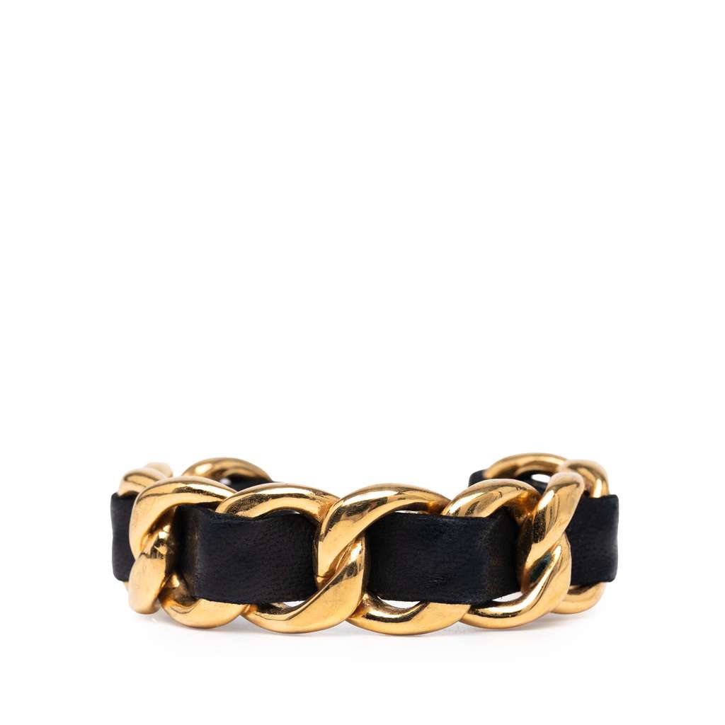 Chanel Gold Plated Leather Woven in Chain Cuff Bracelet