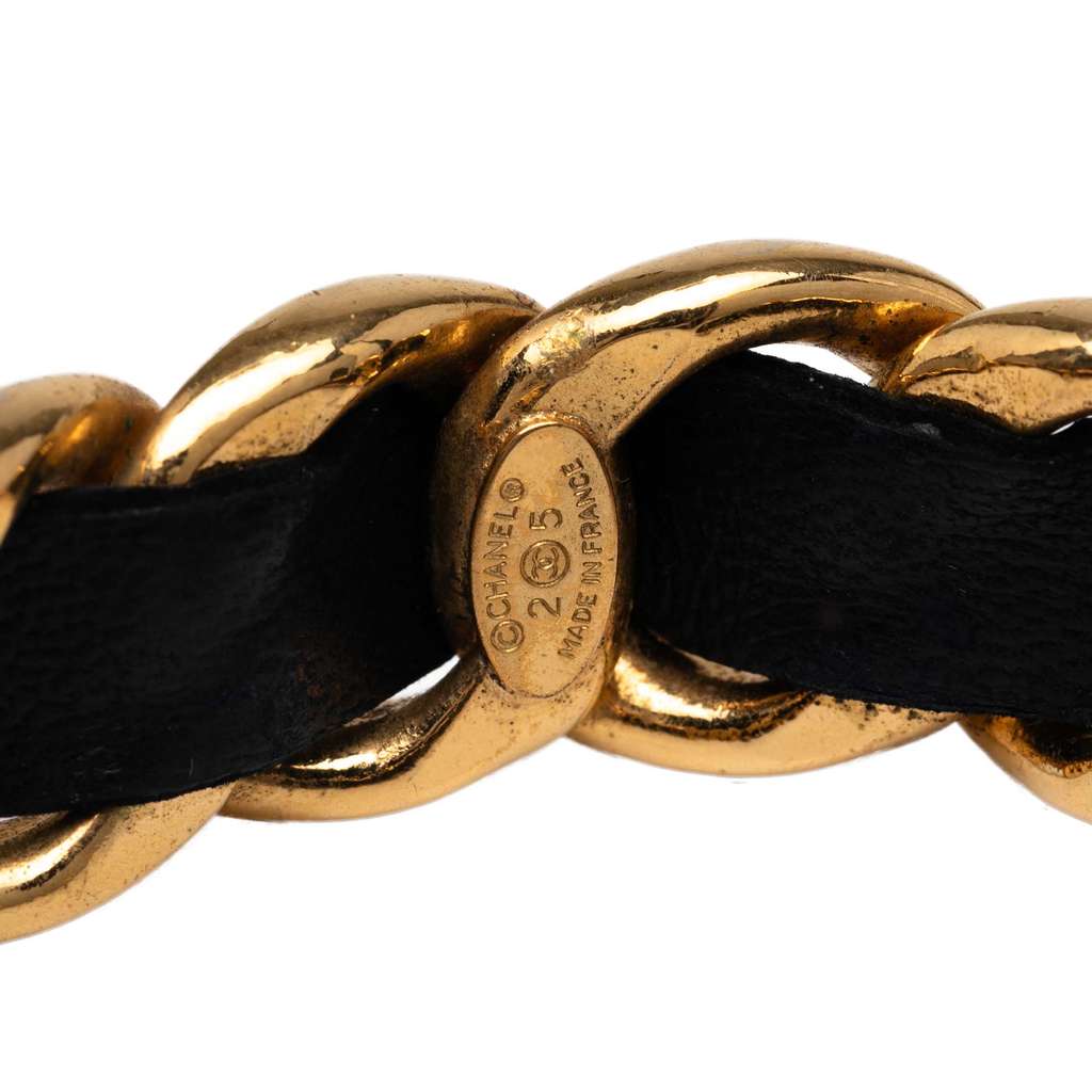 Chanel Gold Plated Leather Woven in Chain Cuff Bracelet - Image 6