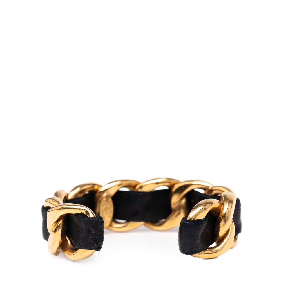Chanel Gold Plated Leather Woven in Chain Cuff Bracelet - Side view