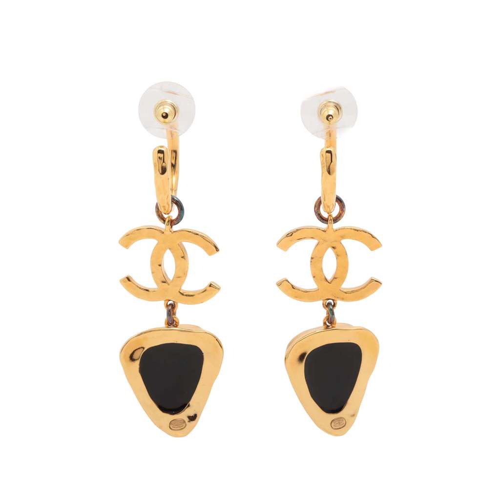 Chanel CC Gold Plated Resin Hoop Drop Pendant Earrings - 2