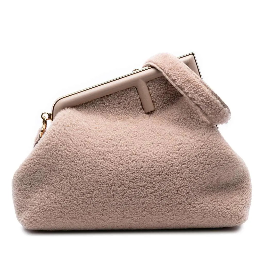 Fendi Medium Shearling Fendi First Shoulder Bag Brown Good - Front View