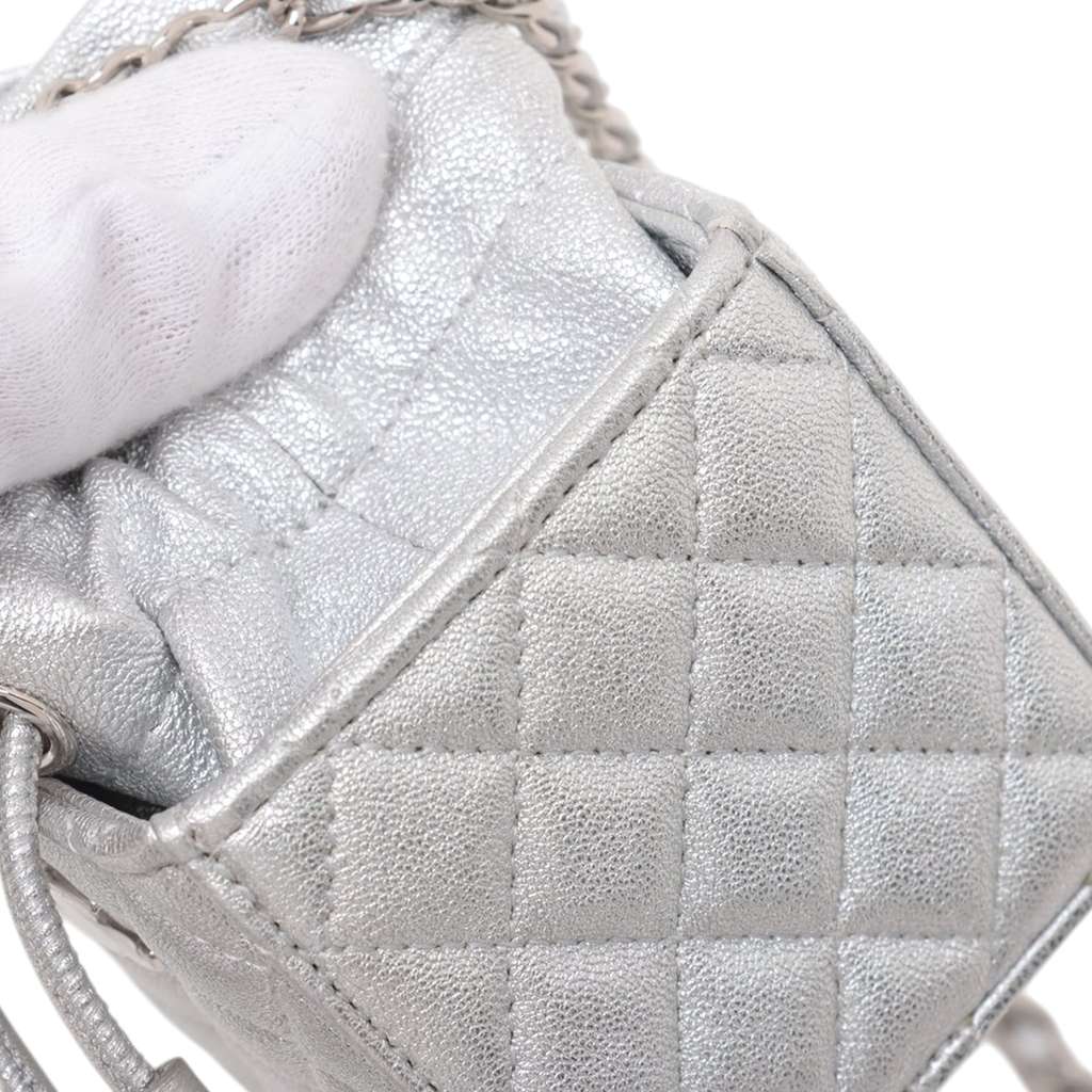 Chanel Mini Quilted Metallic Caviar Drawstring Bucket Bag - Side view