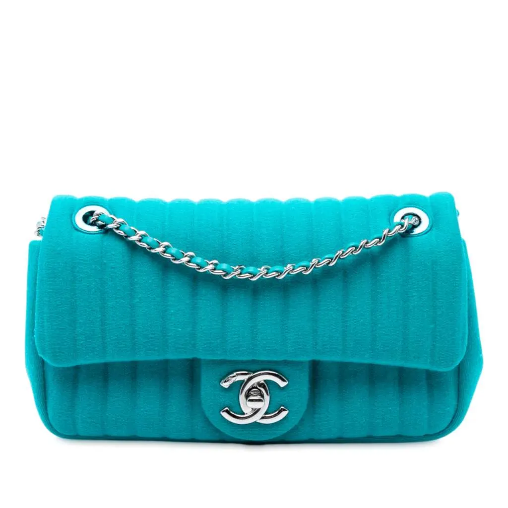 Chanel Mini Vertical Quilted Jersey Single Flap Blue Cotton Good - Front View