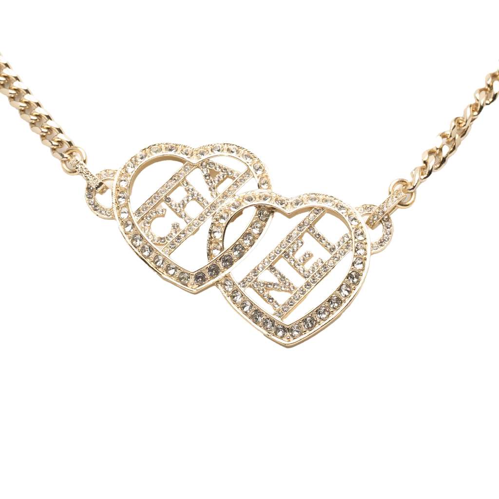 Chanel Gold Plated Rhinestones Heart Logo Choker Necklace