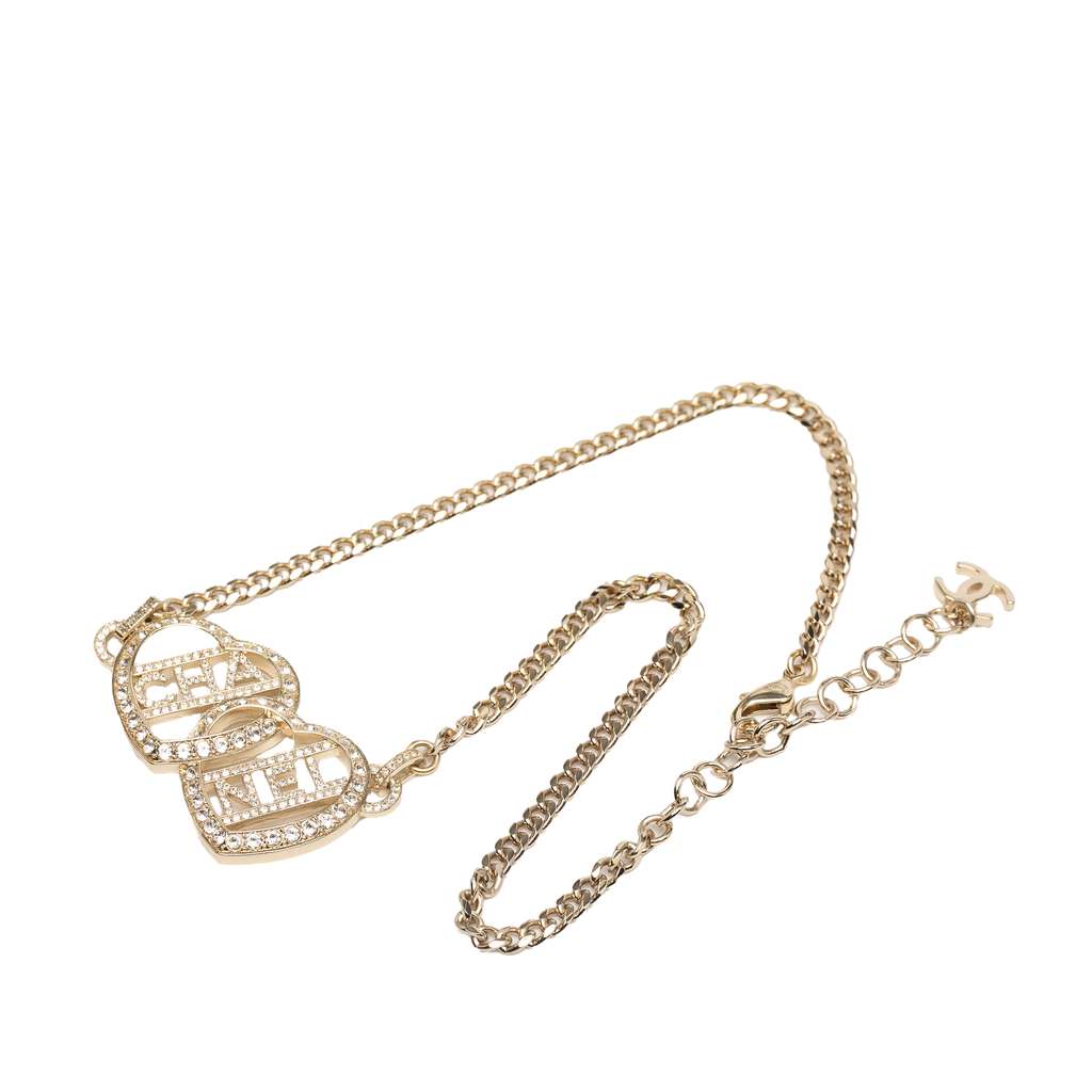 Chanel Gold Plated Rhinestones Heart Logo Choker Necklace - Image 6
