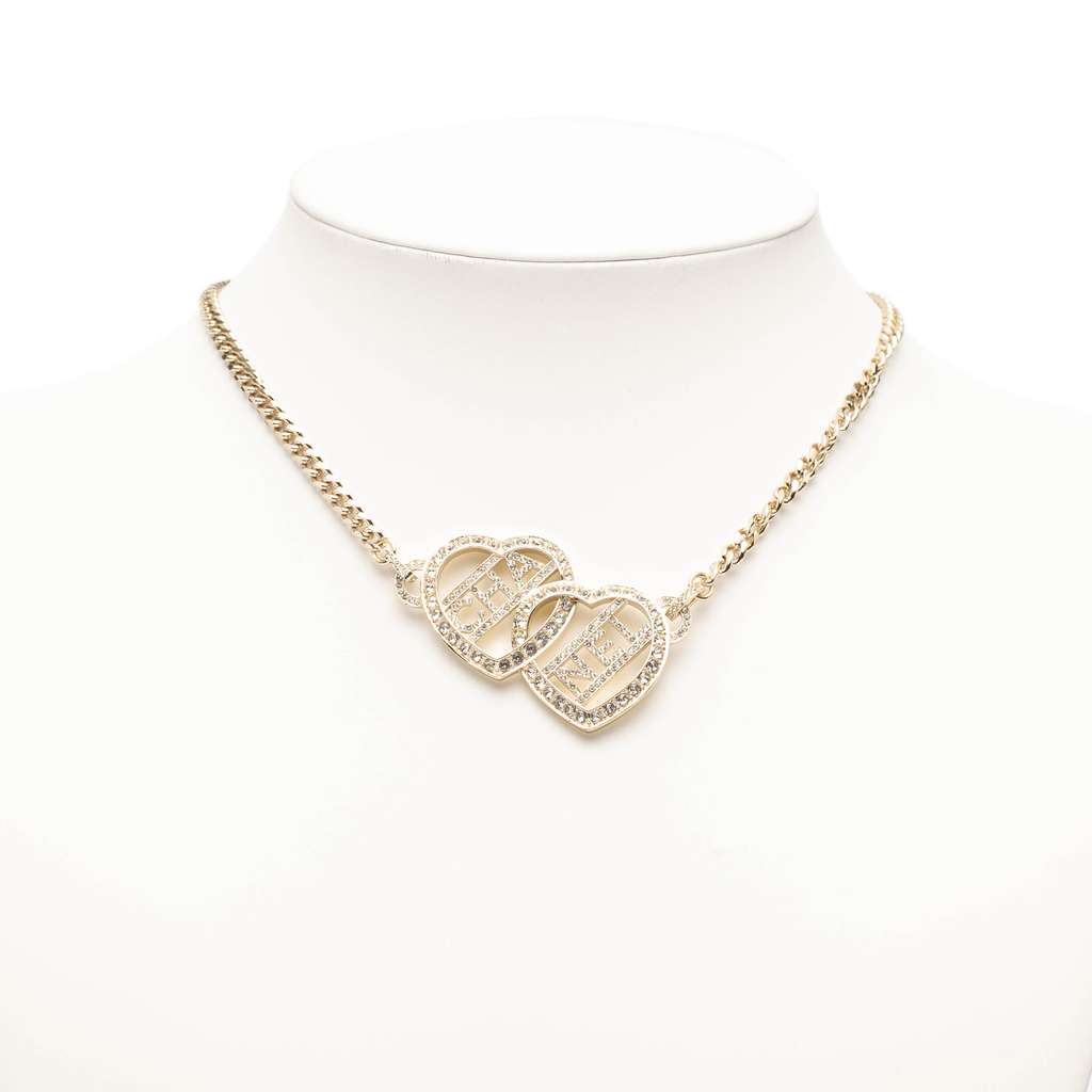Chanel Gold Plated Rhinestones Heart Logo Choker Necklace - Detail 1