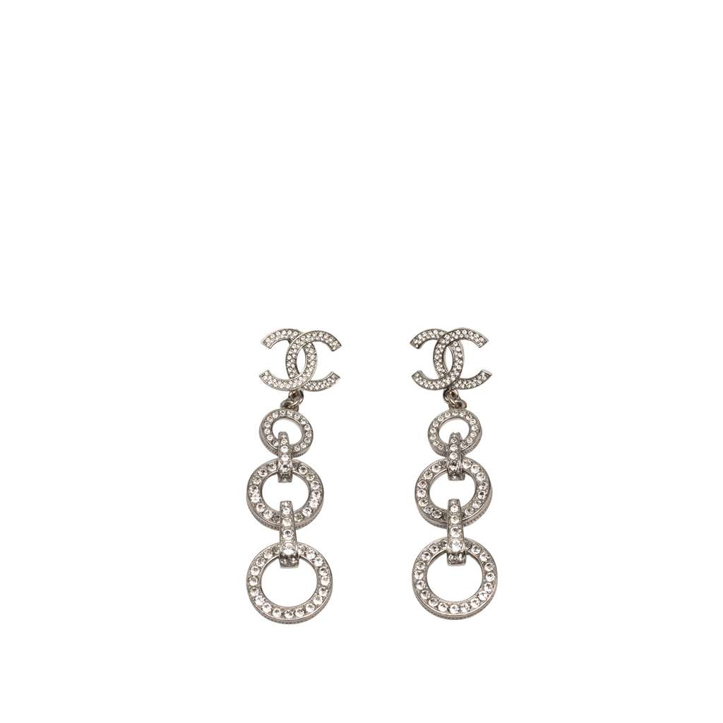Chanel Silver Plated CC Rhinestones Dangle Push Back Earrings