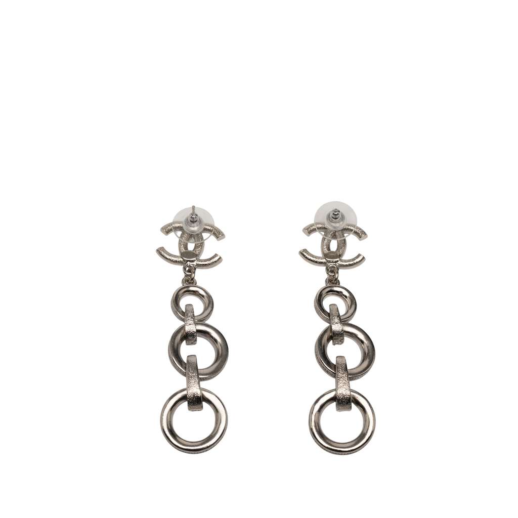 Chanel Silver Plated CC Rhinestones Dangle Push Back Earrings - Back view