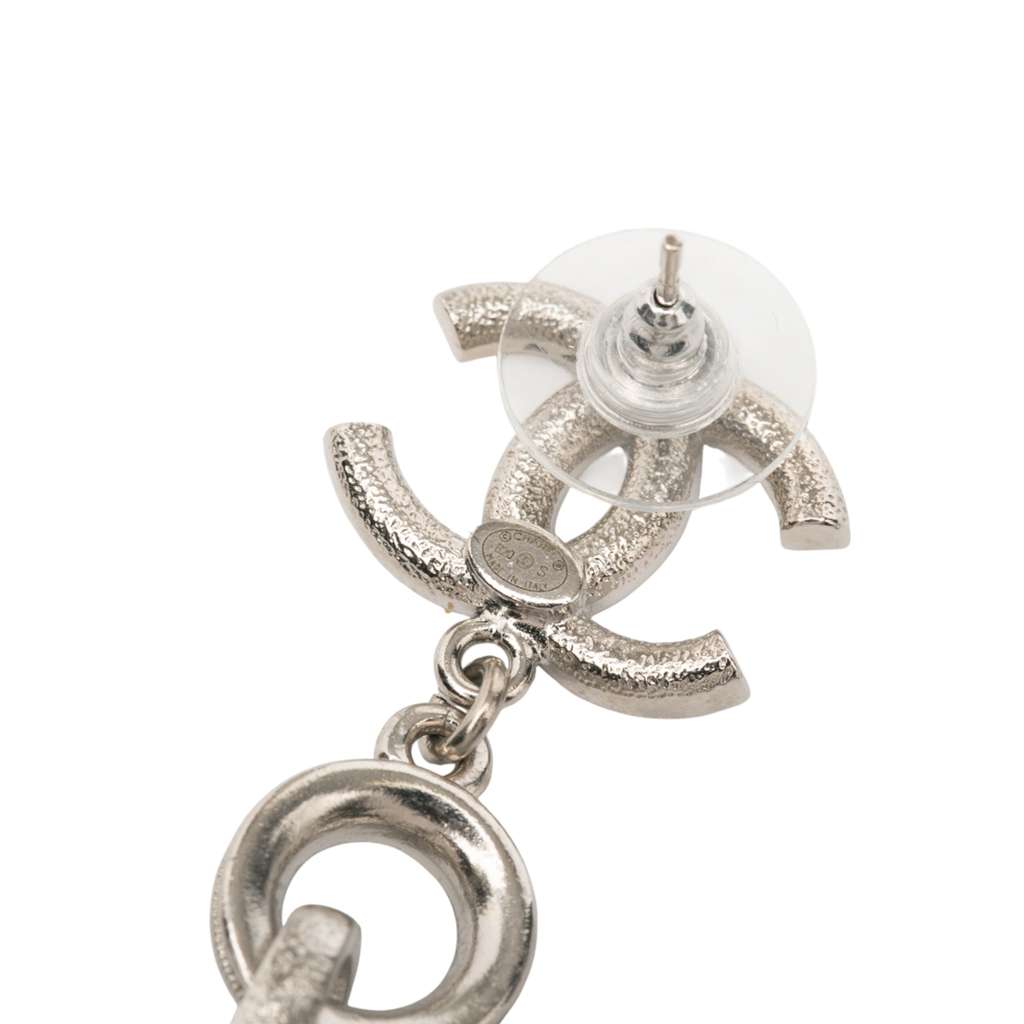 Chanel Silver Plated CC Rhinestones Dangle Push Back Earrings - Image 6