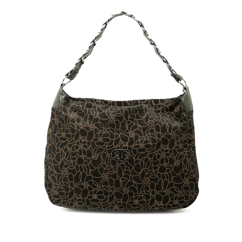 Chanel CC Suede Camellia Hobo Black Leather Good - Front View
