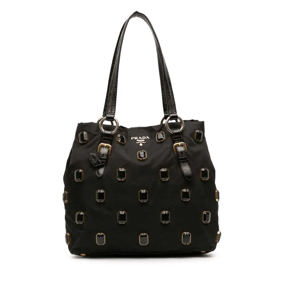 Prada Tessuto Pietre Jeweled Tote Black Good - Front View