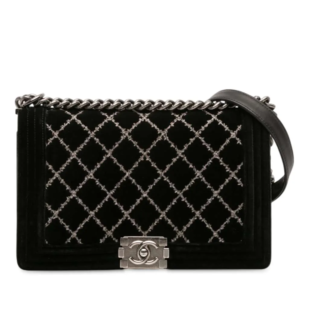 Chanel Medium Quilted Velvet Wild Stitch Boy Flap Black Velvet Good - Front View