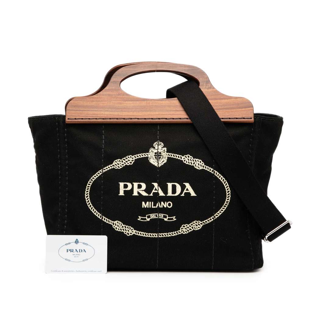 Prada Canvas Wood Handle Canapa Logo Satchel - Image 11