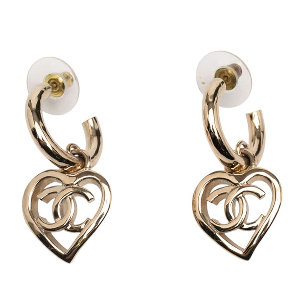 Chanel Gold Plated CC Heart Coco in Love Hoop Push Back Earrings