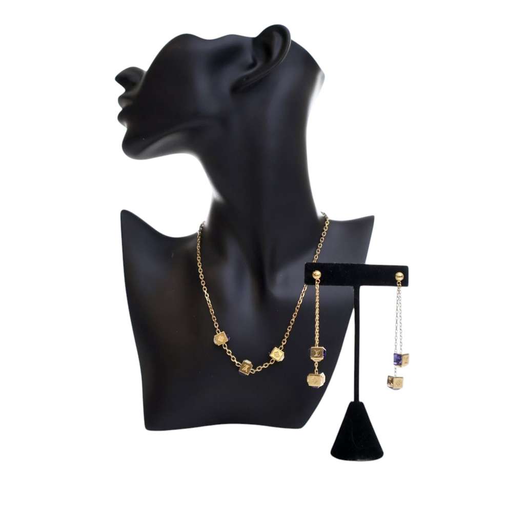 Louis Vuitton Gold Plated Crystal Gamble Drop Earrings And Necklace Set