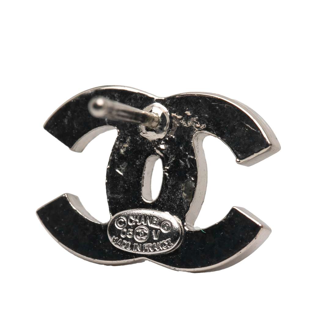 Chanel Silver Plated CC Rhinestone Push Back Earrings - 3