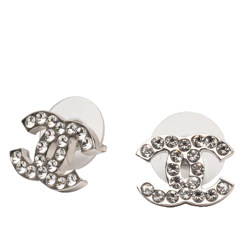 Chanel Silver Plated CC Rhinestone Push Back Earrings - 4