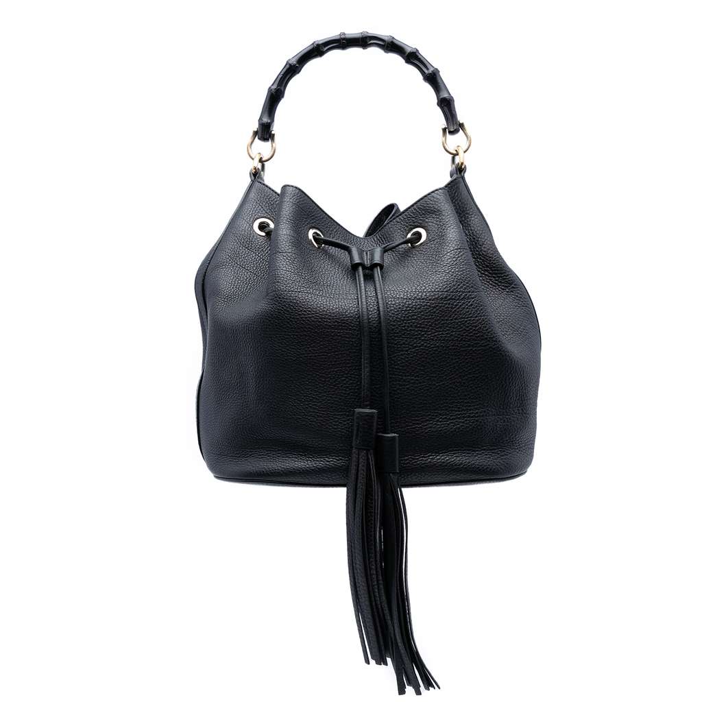 Gucci Pebbled Calfskin Miss Bamboo Tassel Bucket Bag