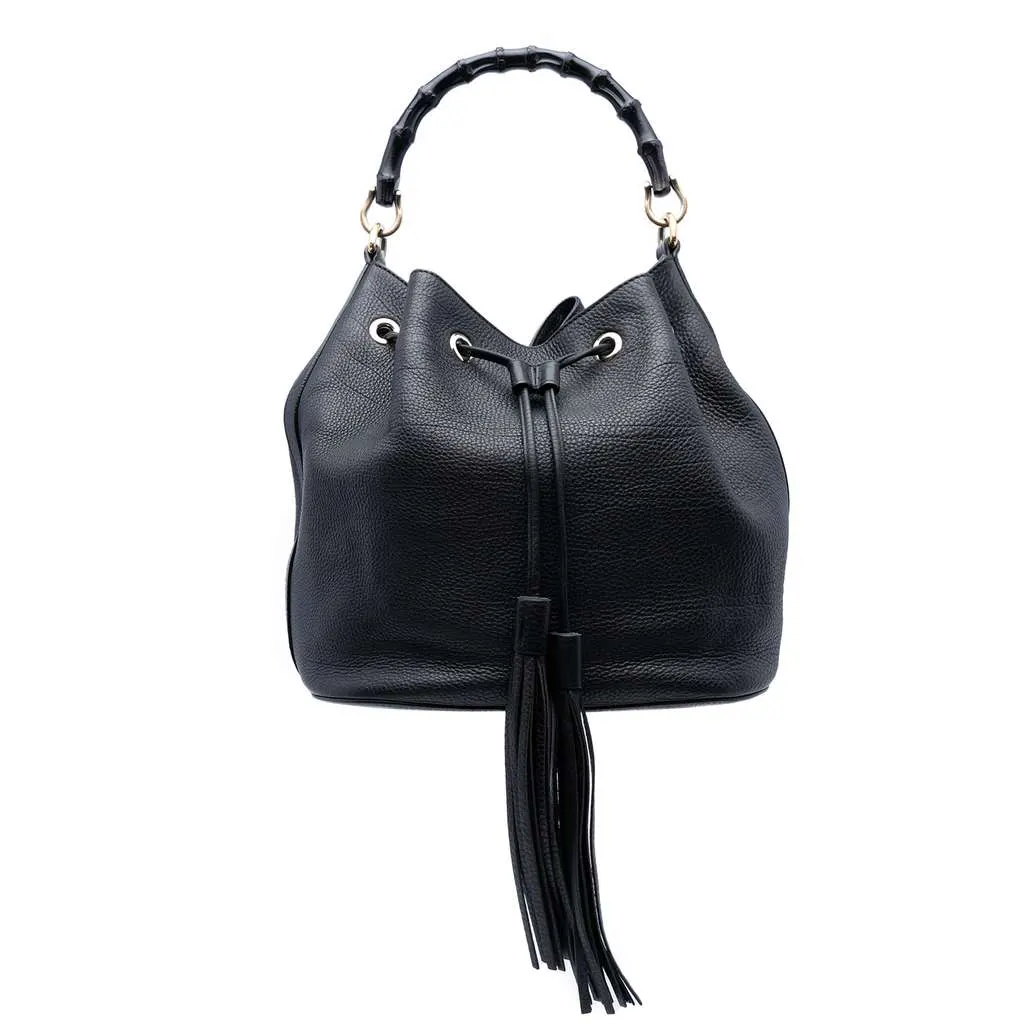 Gucci Pebbled Calfskin Miss Bamboo Tassel Bucket Bag Black Leather Good - Front View