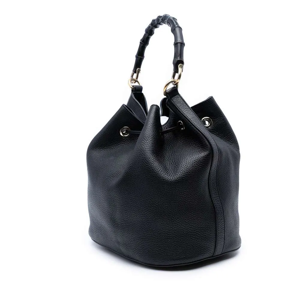 Gucci Pebbled Calfskin Miss Bamboo Tassel Bucket Bag Black Leather Good - Back View