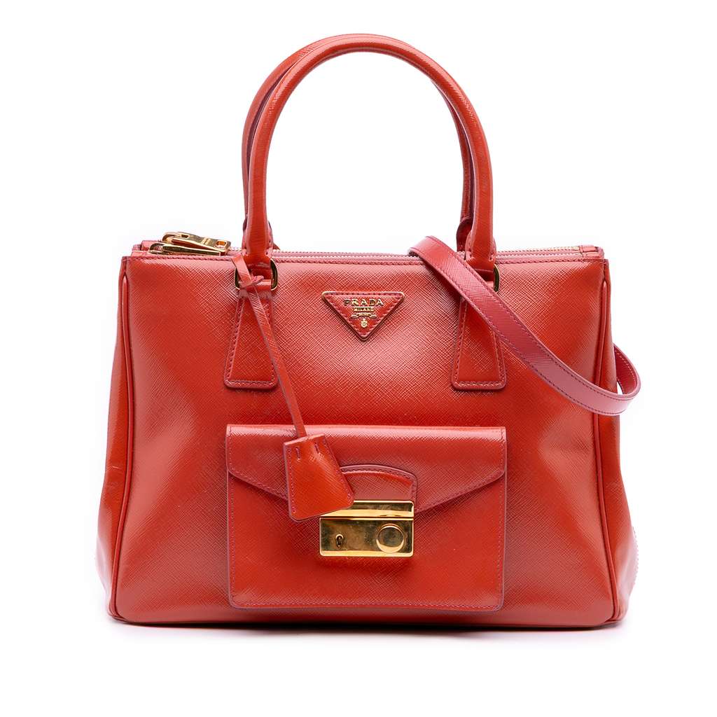 Prada Saffiano Vernice Front Pocket Galleria Double Zip Satchel