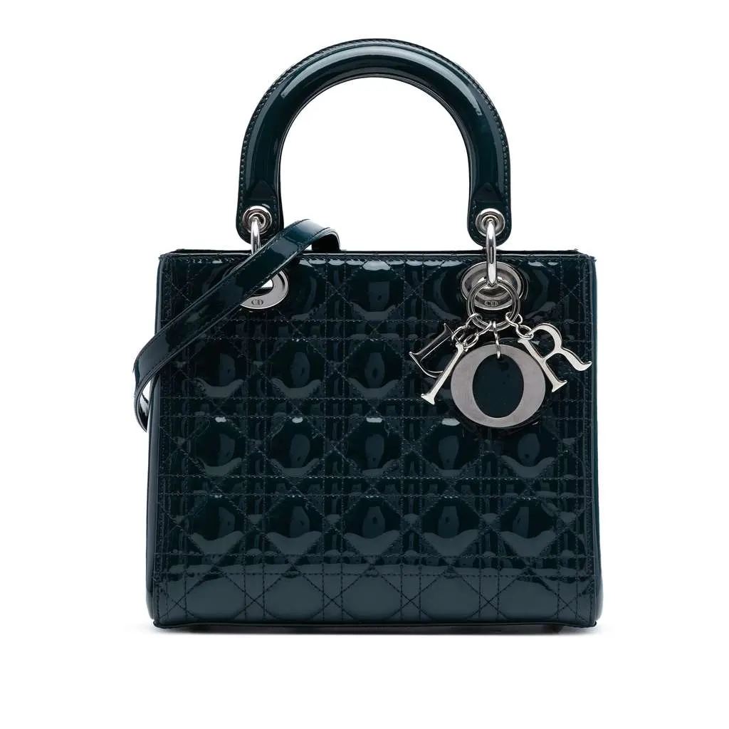 Dior Medium Patent Cannage Lady Dior Green Leather Good - Front View