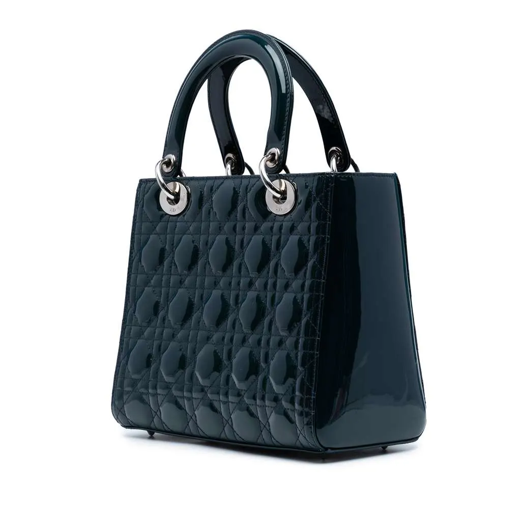 Dior Medium Patent Cannage Lady Dior Green Leather Good - Back View