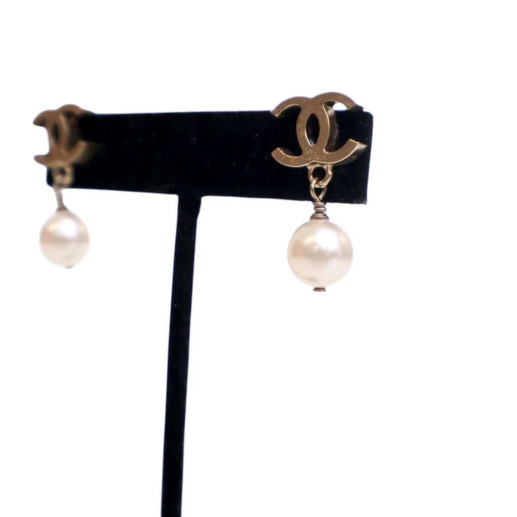 Chanel Gold Plated CC Faux Pearl Drop Push Back Earrings - Side view