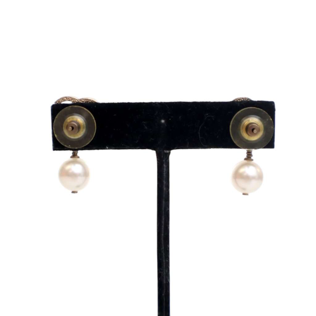 Chanel Gold Plated CC Faux Pearl Drop Push Back Earrings - Detail 1