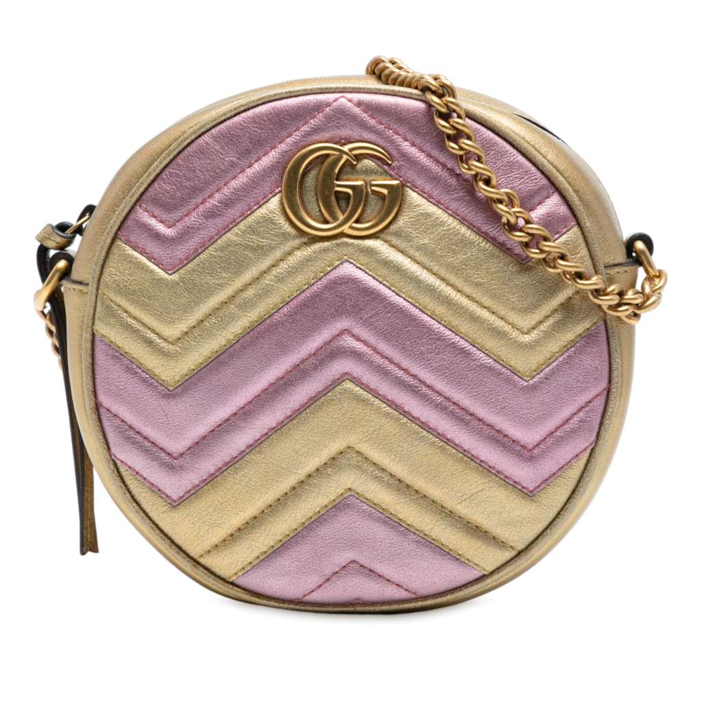 Gucci Mini GG Marmont Matelasse Metallic Leather Round Crossbody