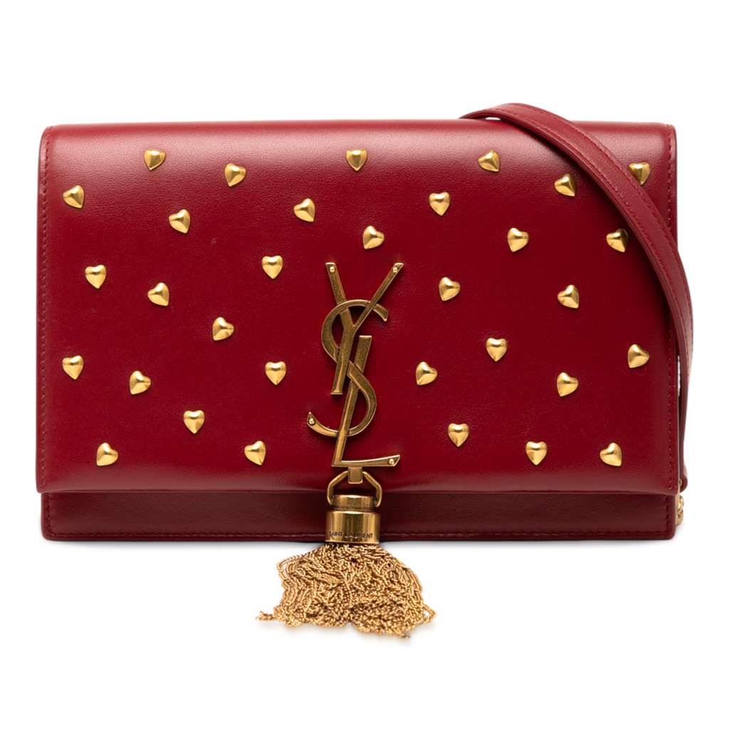 Saint Laurent Calfskin Heart Studded Classic Monogram Kate Tassel Wallet on Chain