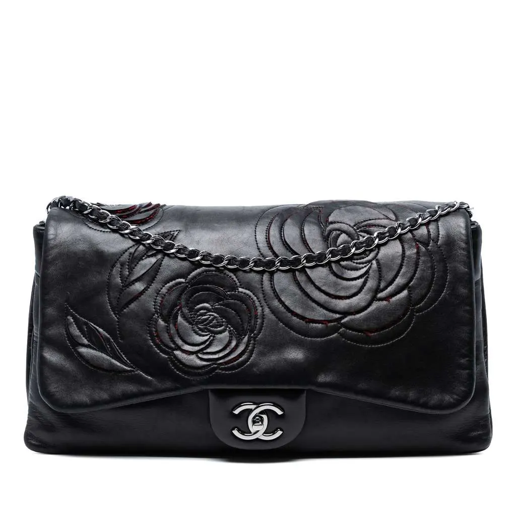 Chanel Lambskin and Tweed Camellia Petals Flap Black Leather Good - Front View