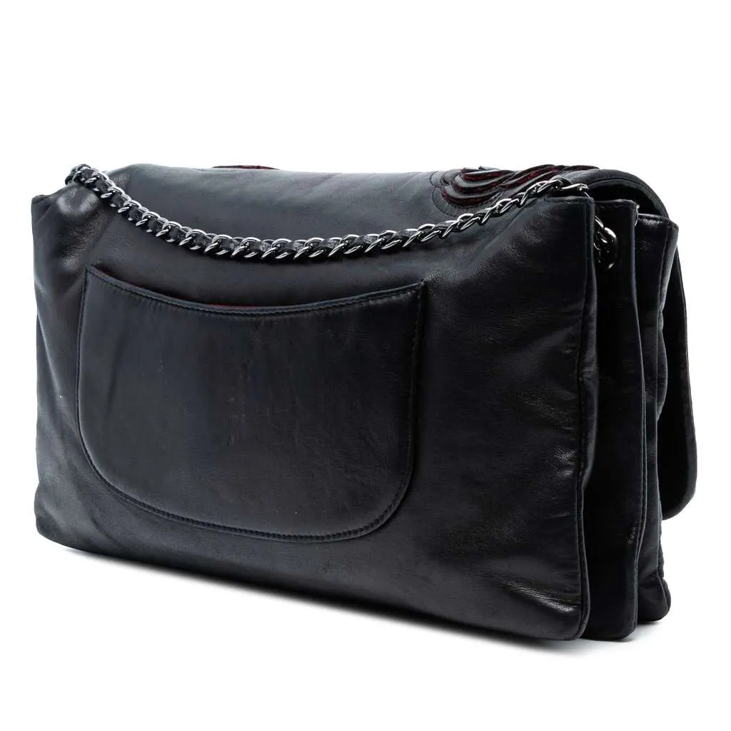 Chanel Lambskin and Tweed Camellia Petals Flap Black Leather Good - Back View