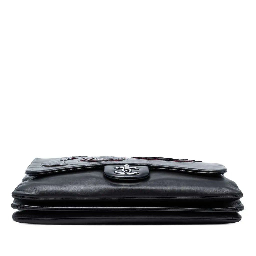 Chanel Lambskin and Tweed Camellia Petals Flap Black Leather Good - Inside View