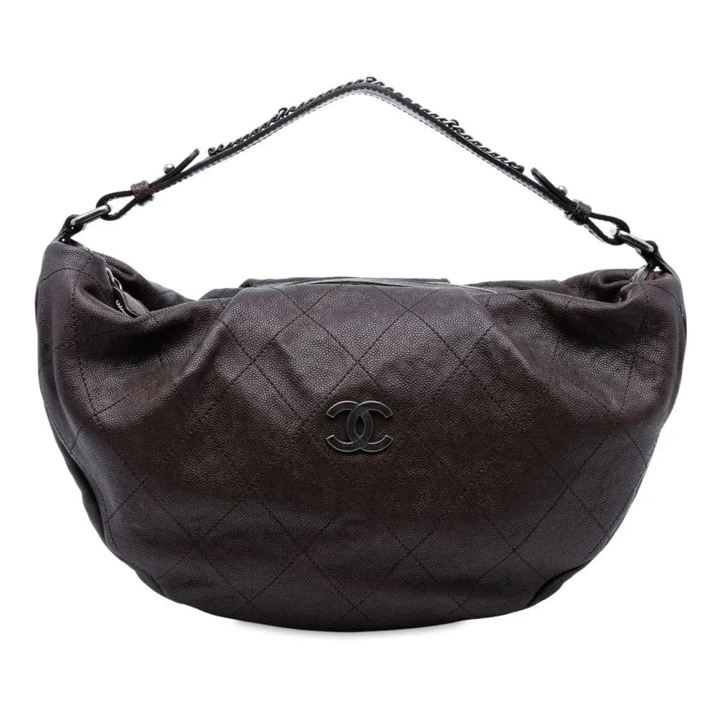 Chanel Large CC Caviar Outdoor Ligne Hobo Brown Leather Good - Front View