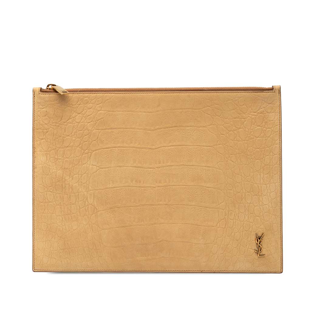 Saint Laurent Croc Embossed Leather Tiny Monogram Zipped Tablet Holder