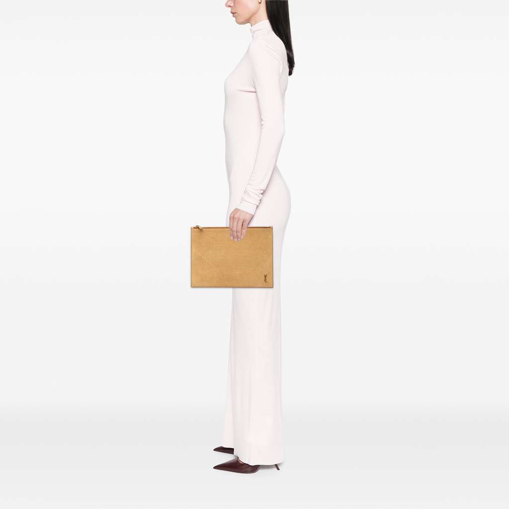 Saint Laurent Croc Embossed Leather Tiny Monogram Zipped Tablet Holder - Detail 2