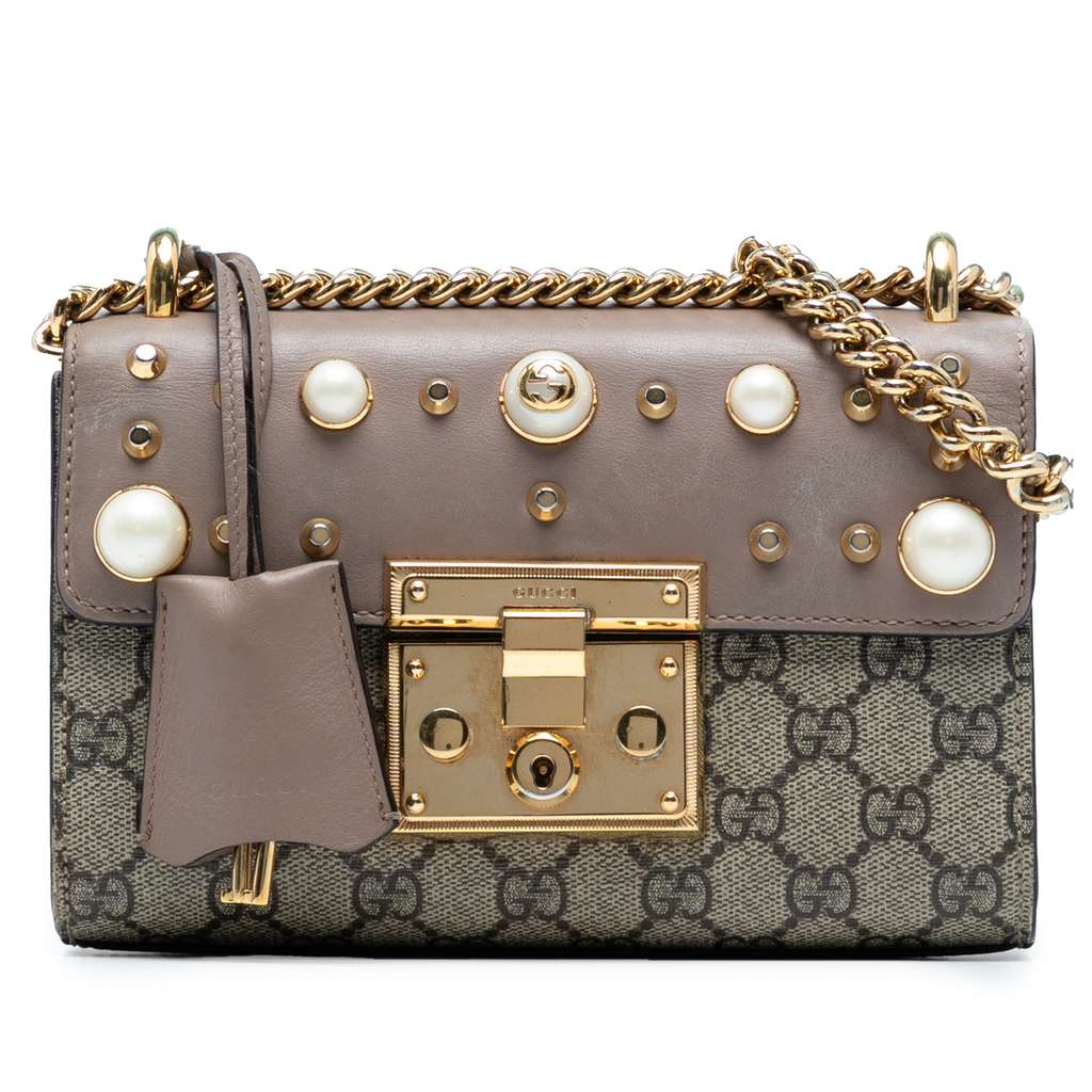 Gucci Small GG Supreme Pearl Studded Padlock Crossbody