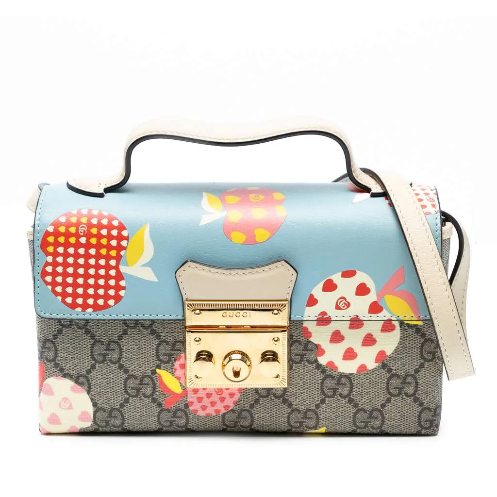 Gucci Mini GG Supreme Monogram Les Pommes Padlock Satchel Brown Canvas Good - Front View