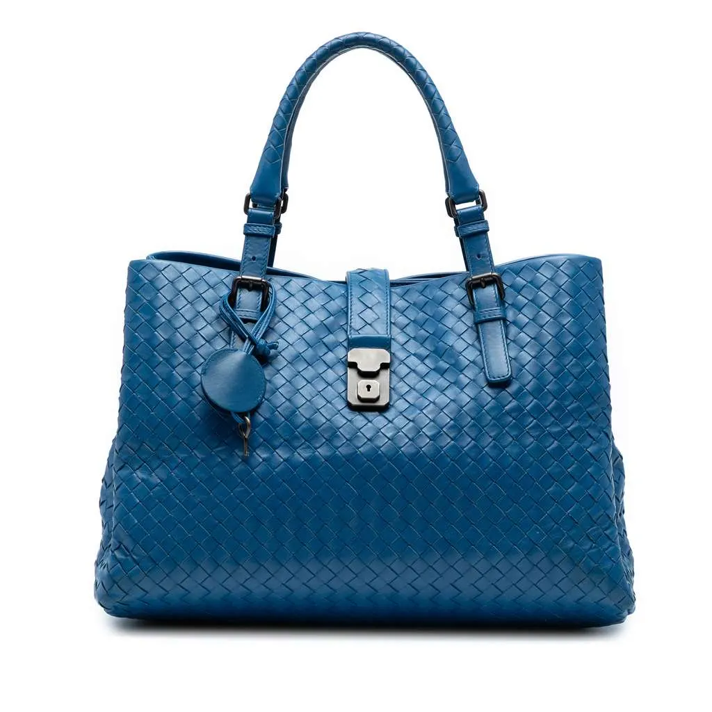 Bottega Veneta Medium Nappa Intrecciato Roma Tote Blue Leather Good - Front View
