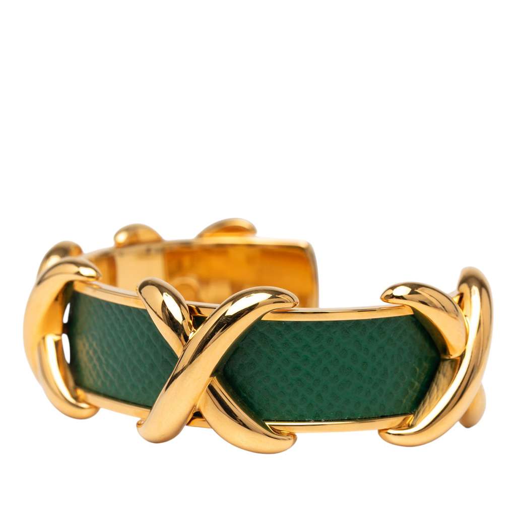 Hermès Gold Plated and Leather Criss Cross Cuff Bracelet - Back view