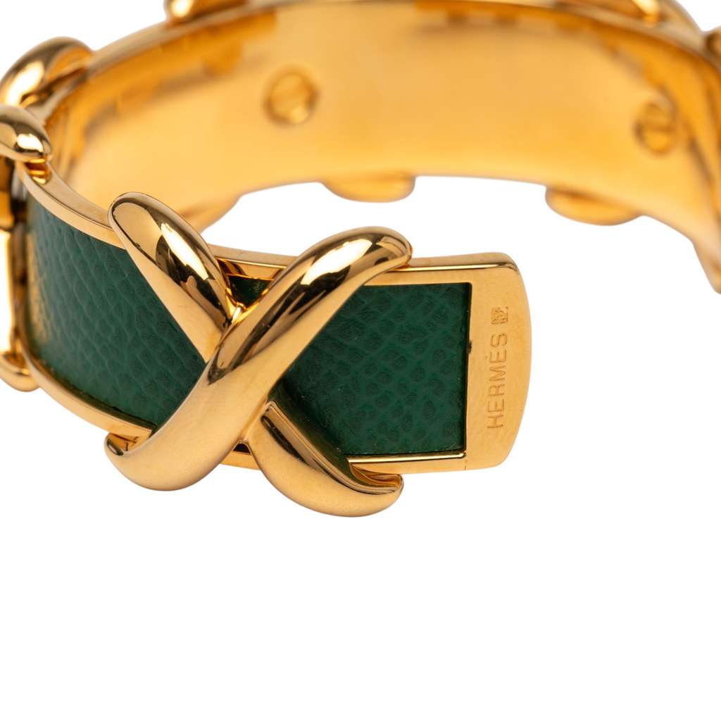 Hermès Gold Plated and Leather Criss Cross Cuff Bracelet - 4