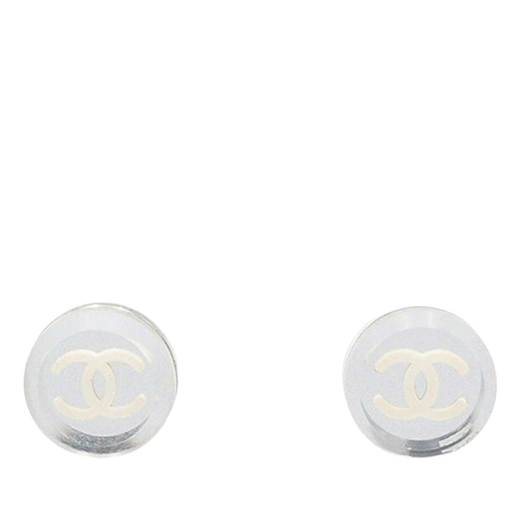 Chanel Resin and Silver Plated CC Round Push Back Earrings