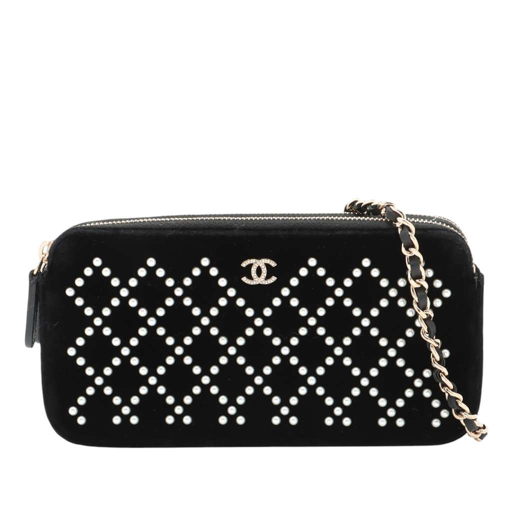 Chanel Velour Pearl Embellished Double Zip Clutch with Chain