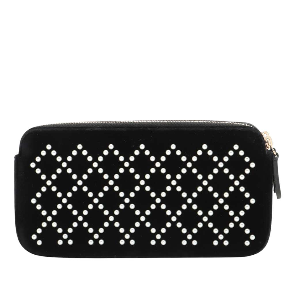 Chanel Velour Pearl Embellished Double Zip Clutch with Chain - Back view