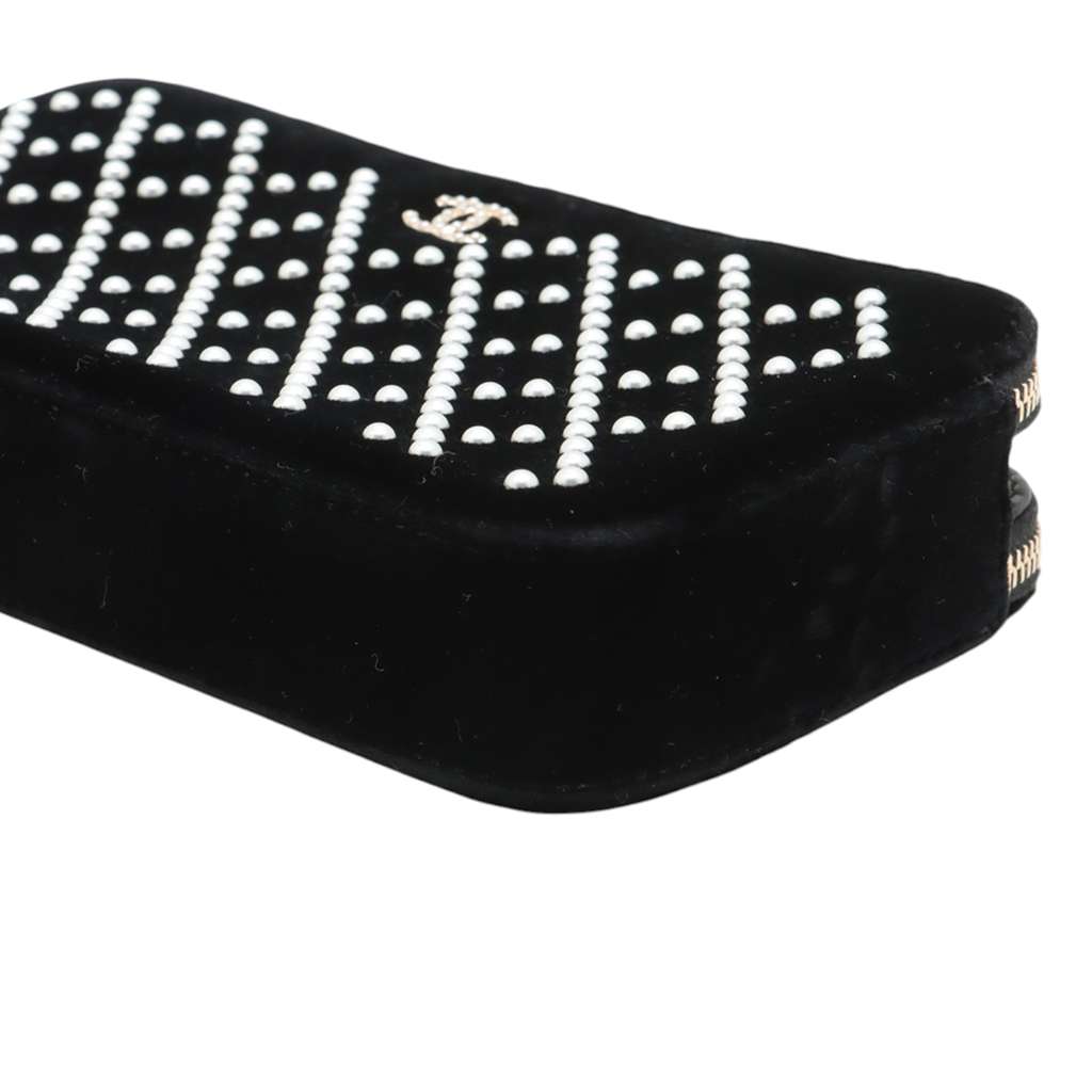 Chanel Velour Pearl Embellished Double Zip Clutch with Chain - Image 10