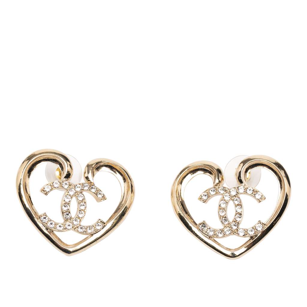 Chanel Gold Plated CC Rhinestone Heart Push Back Earrings