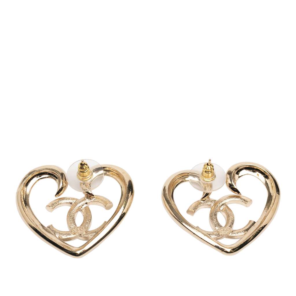 Chanel Gold Plated CC Rhinestone Heart Push Back Earrings - Back view