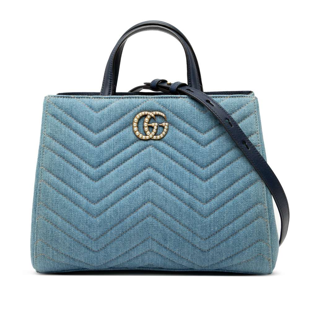 Gucci Small GG Marmont Matelasse Denim Pearly Satchel