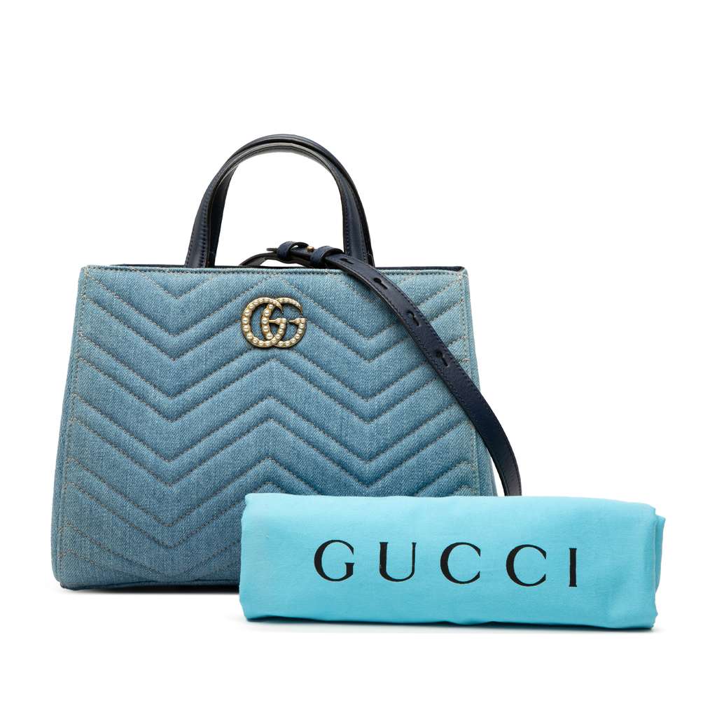 Gucci Small GG Marmont Matelasse Denim Pearly Satchel - Image 10